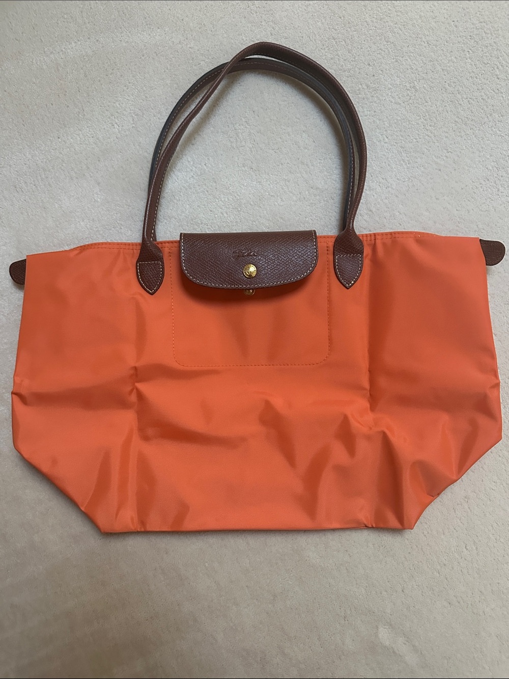 Longchamp Orange Nylon Tote with Brown Leather Trim